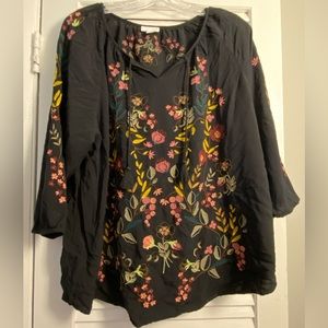 J Jill Black Floral Embroidered Blouse 2X 18 20